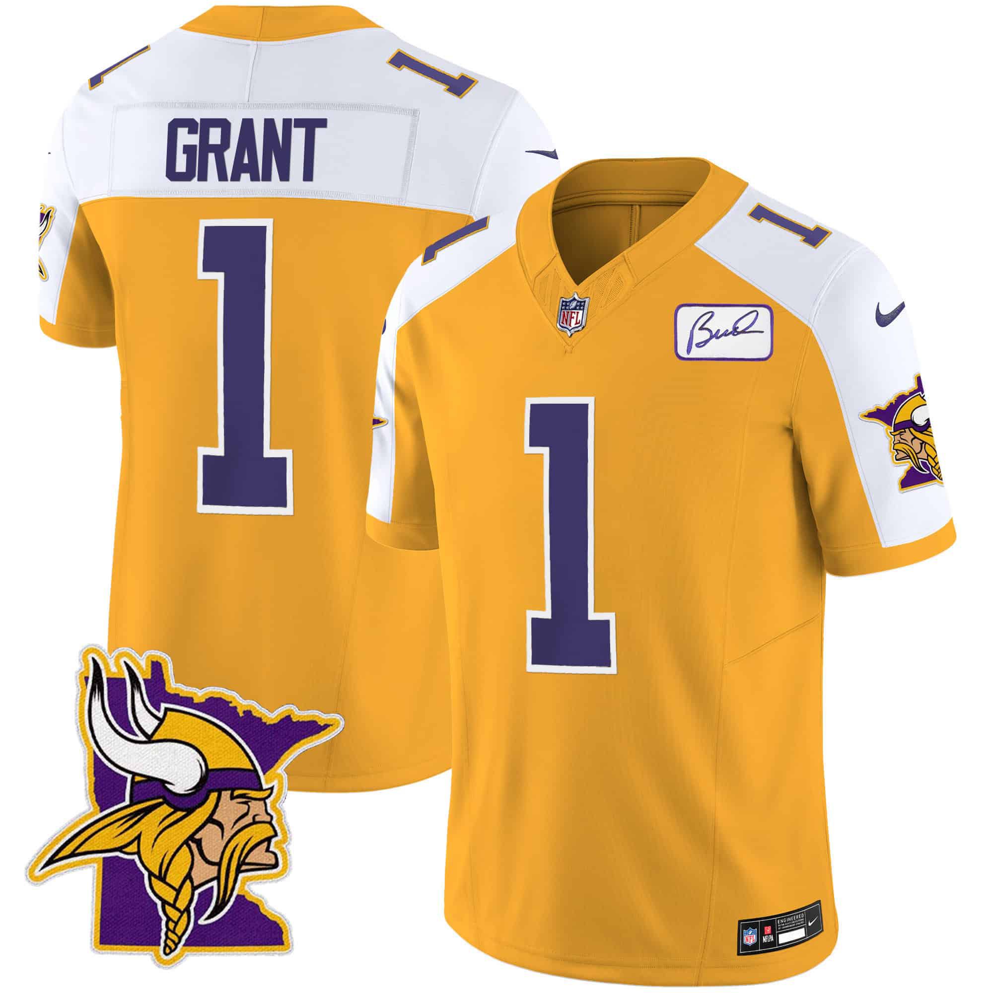 Men Minnesota Vikings 1 Grant Yellow 2024 Nike Patch Classic Limited NFL Jersey